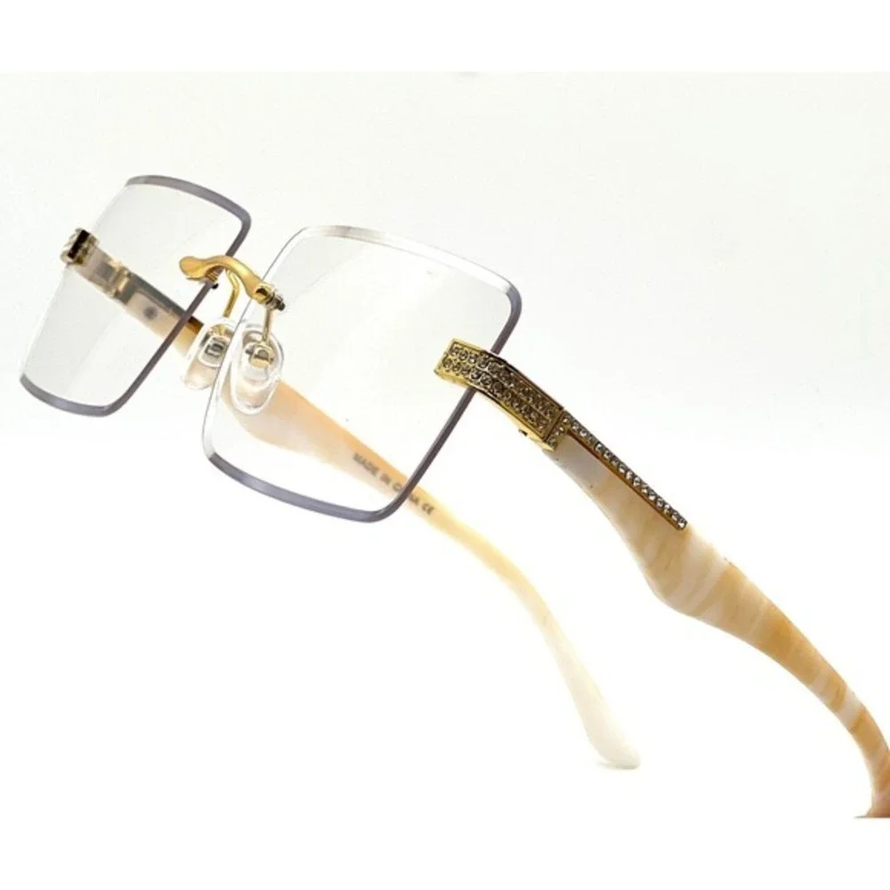 Women Rimless Clear Lens Tint Marble Arm Gold Frame Diamond Sunglasses Gafas New